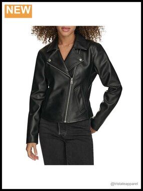 Women's Moto Jacket with Welt Pockets Faux Leather Asymmetrical Zipper